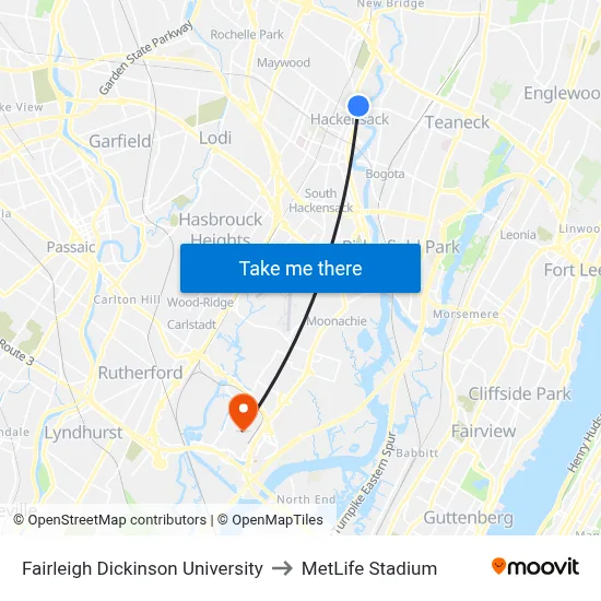 Fairleigh Dickinson University to MetLife Stadium map