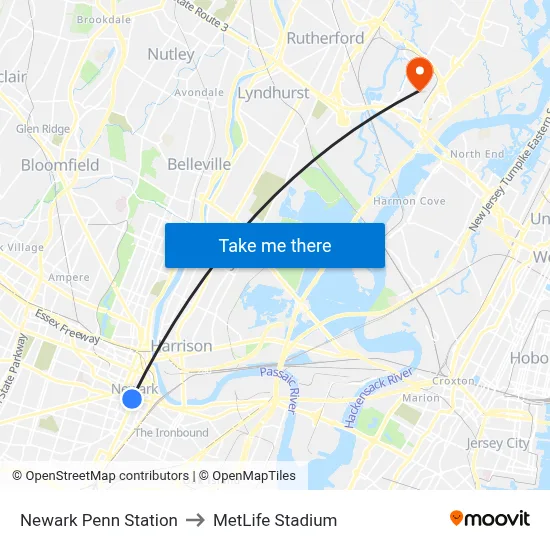 Newark Penn Station to MetLife Stadium map