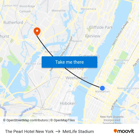 The Pearl Hotel New York to MetLife Stadium map