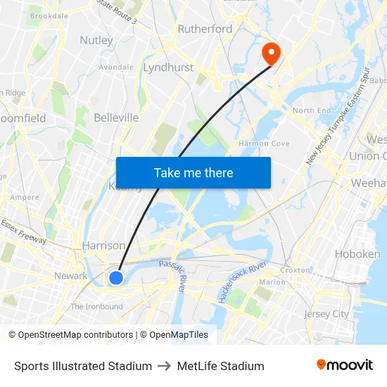 Sports Illustrated Stadium to MetLife Stadium map