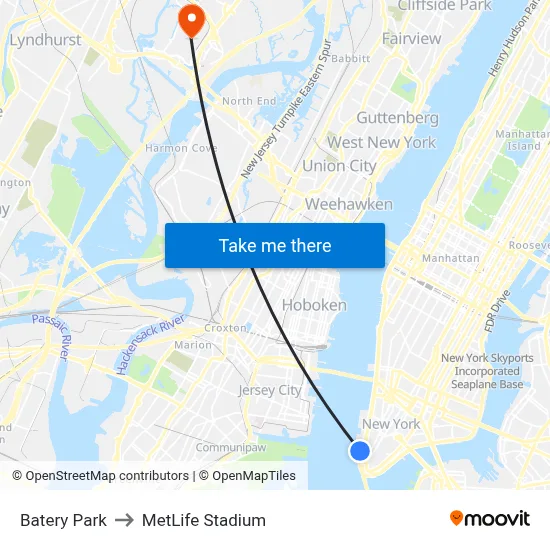 Batery Park to MetLife Stadium map
