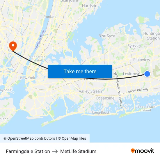 Farmingdale Station to MetLife Stadium map