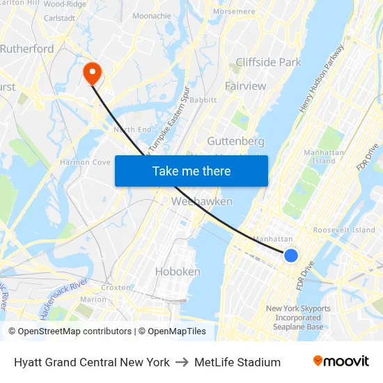 Hyatt Grand Central New York to MetLife Stadium map