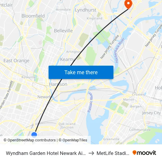 Wyndham Garden Hotel Newark Airport to MetLife Stadium map