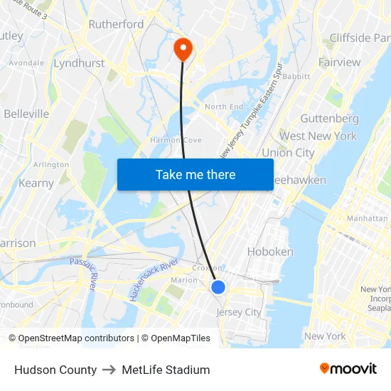 Hudson County to MetLife Stadium map