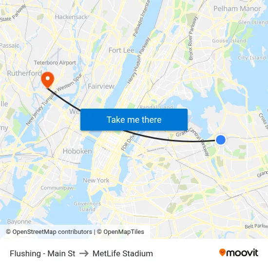 Flushing - Main St to MetLife Stadium map