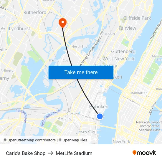 Carlo's Bake Shop, 95 Washington St to MetLife Stadium map