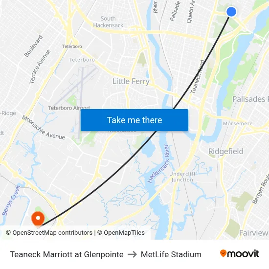 Teaneck Marriott at Glenpointe to MetLife Stadium map