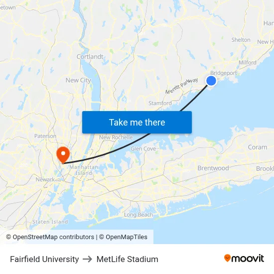 Fairfield University to MetLife Stadium map