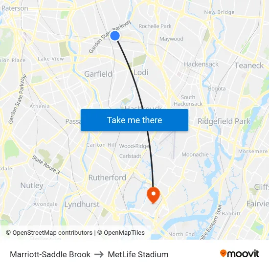 Marriott-Saddle Brook to MetLife Stadium map