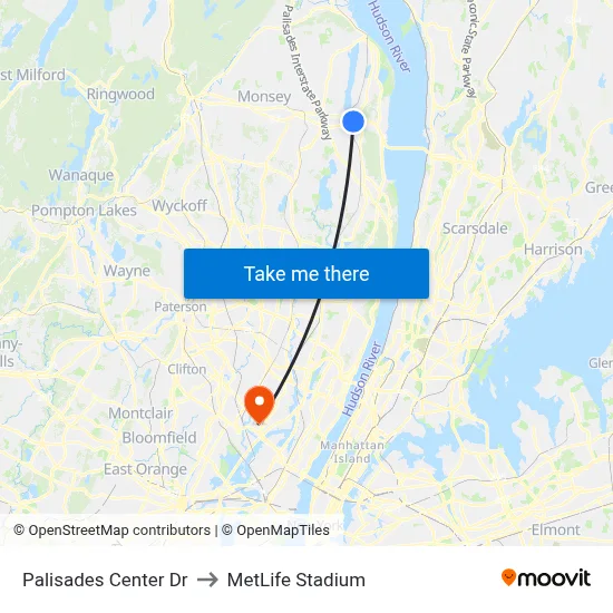 Palisades Center Dr to MetLife Stadium map