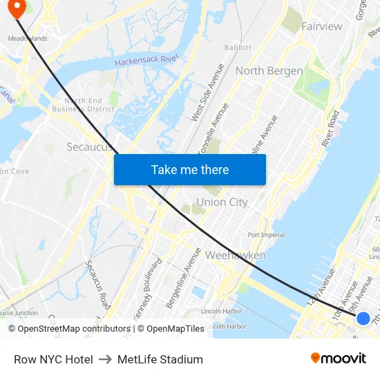 Row NYC Hotel to MetLife Stadium map