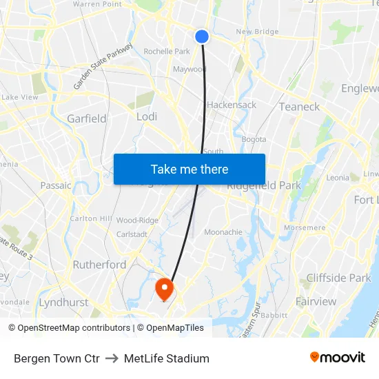 Bergen Town Ctr, Paramus, NJ 07652 to MetLife Stadium map