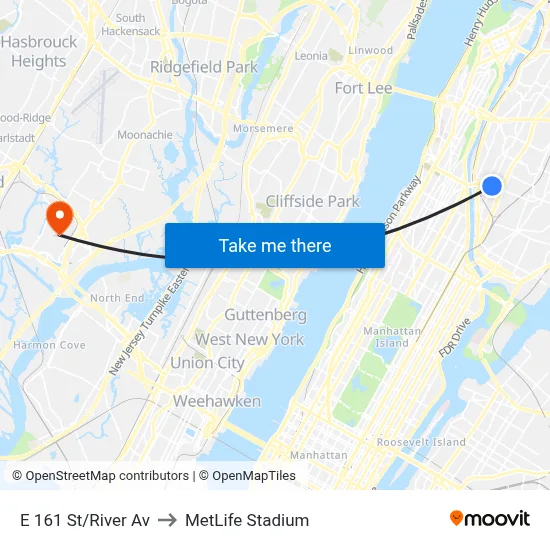 E 161 St/River Av to MetLife Stadium map
