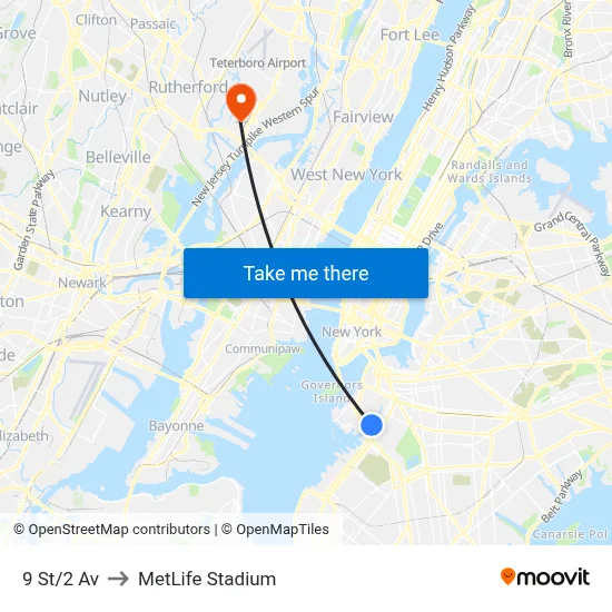 9 St/2 Av to MetLife Stadium map