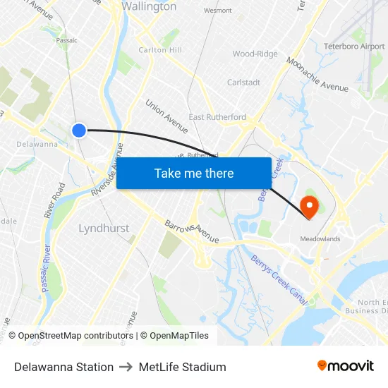 Delawanna Station to MetLife Stadium map