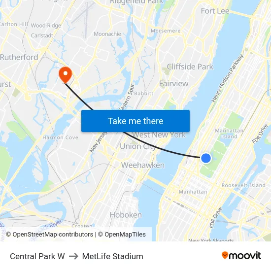 Central Park W to MetLife Stadium map