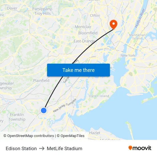 Edison Station to MetLife Stadium map