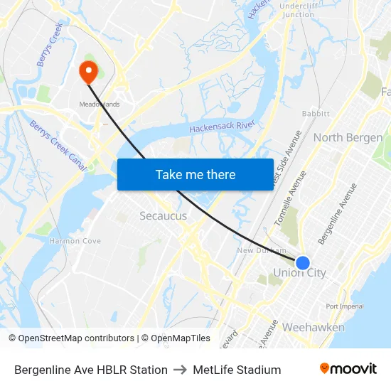Bergenline Ave HBLR Station to MetLife Stadium map