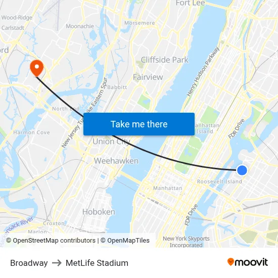 Broadway to MetLife Stadium map