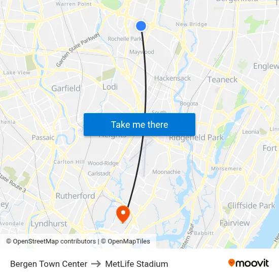 Bergen Town Center to MetLife Stadium map
