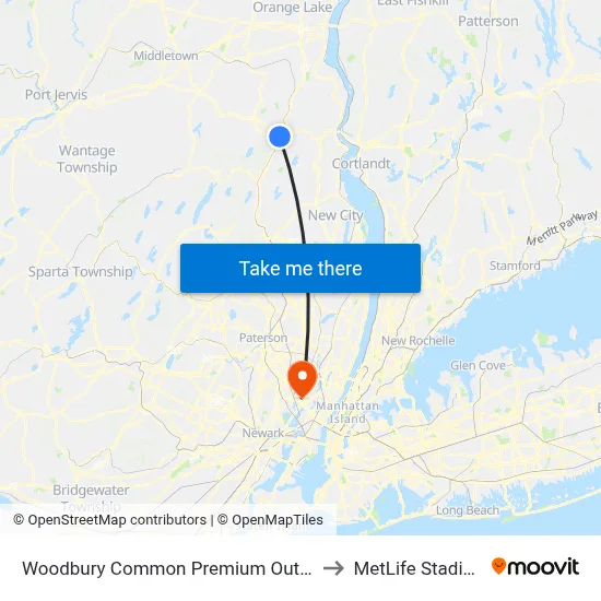 Woodbury Common Premium Outlets to MetLife Stadium map