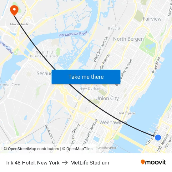 Ink 48 Hotel, New York to MetLife Stadium map