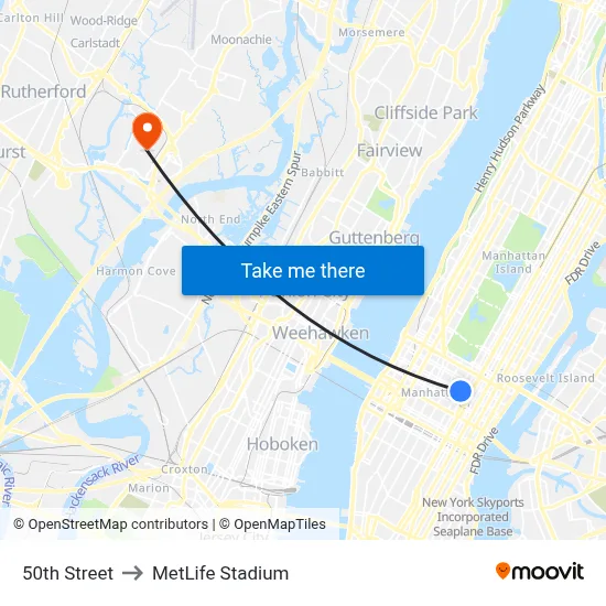 50th Street to MetLife Stadium map