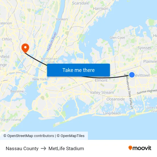 Nassau County to MetLife Stadium map