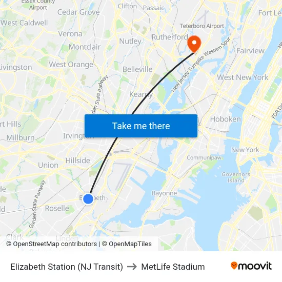 Elizabeth Station (NJ Transit) to MetLife Stadium map