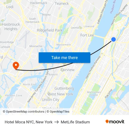 Hotel Moca NYC, New York to MetLife Stadium map