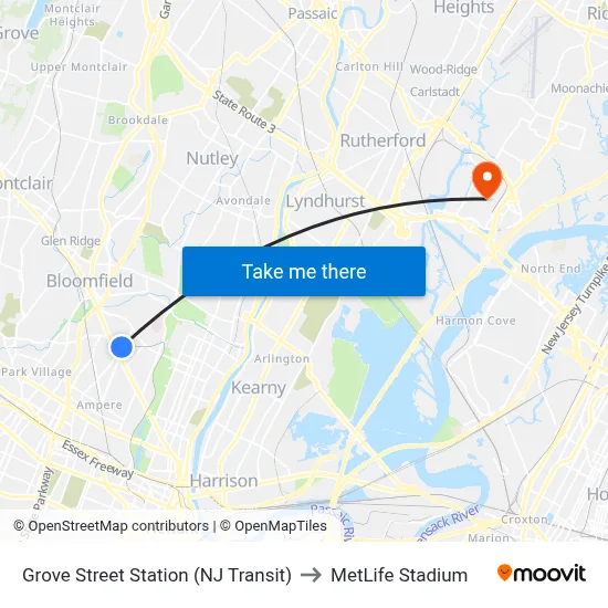 Grove Street Station (NJ Transit) to MetLife Stadium map