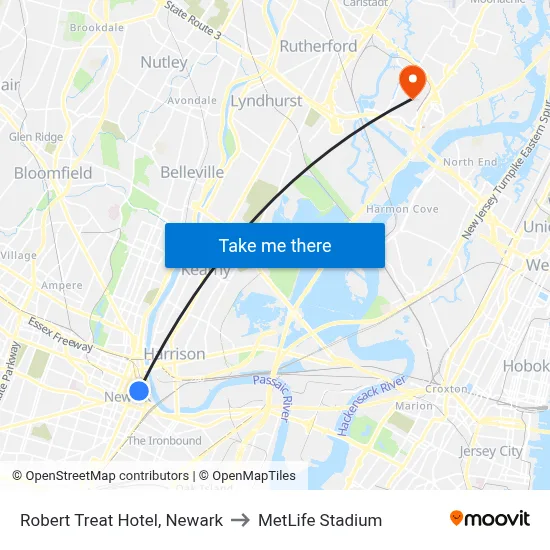 Robert Treat Hotel, Newark to MetLife Stadium map