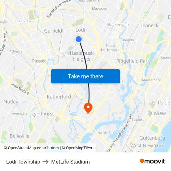 Lodi Township to MetLife Stadium map