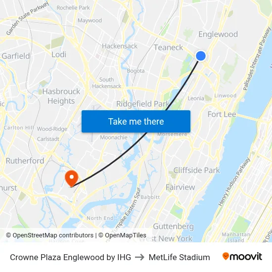 Crowne Plaza Englewood by IHG to MetLife Stadium map