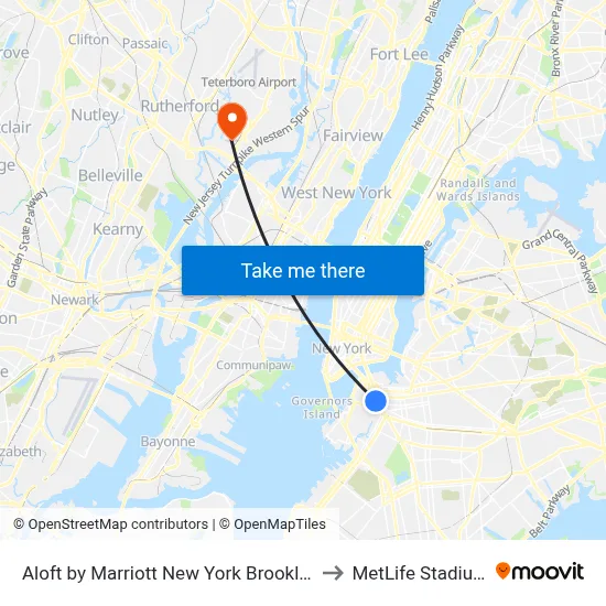 Aloft by Marriott New York Brooklyn to MetLife Stadium map