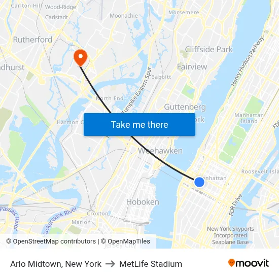 Arlo Midtown, New York to MetLife Stadium map