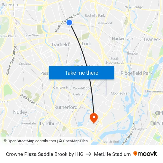 Crowne Plaza Saddle Brook by IHG to MetLife Stadium map