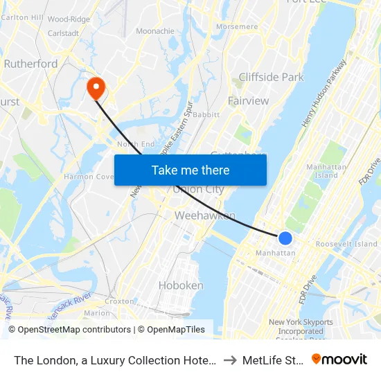 The London, a Luxury Collection Hotel, New York City to MetLife Stadium map