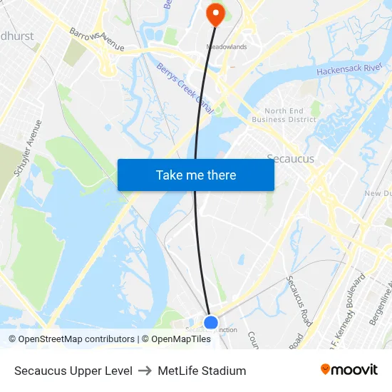 Secaucus Upper Level to MetLife Stadium map