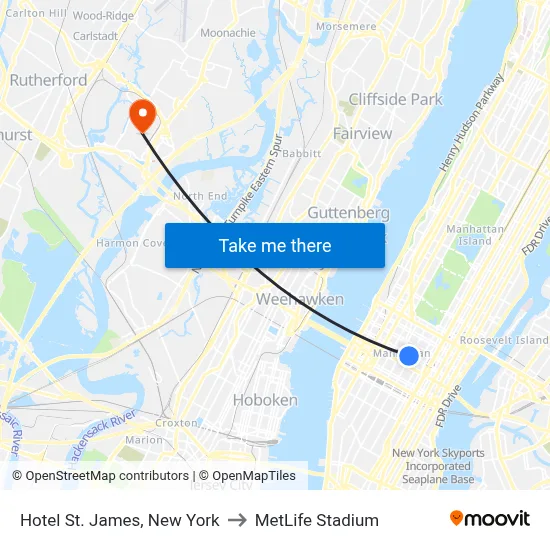 Hotel St. James, New York to MetLife Stadium map