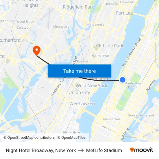 Night Hotel Broadway, New York to MetLife Stadium map