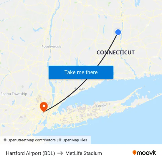 Hartford Airport (BDL) to MetLife Stadium map