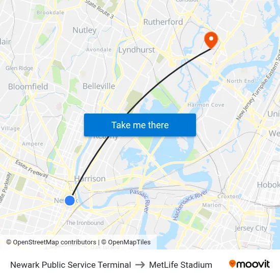 Newark Public Service Terminal to MetLife Stadium map
