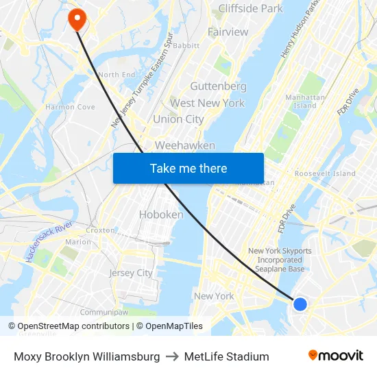Moxy Brooklyn Williamsburg to MetLife Stadium map