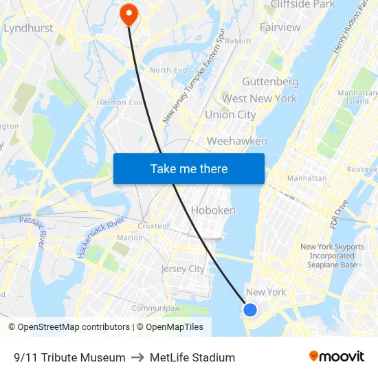 9/11 Tribute Museum to MetLife Stadium map