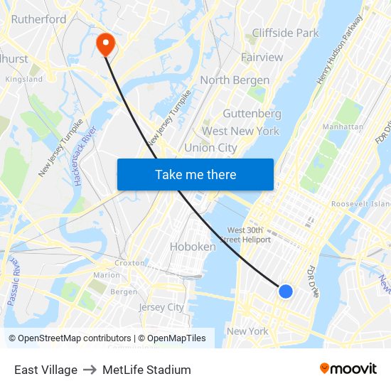 East Village to MetLife Stadium map