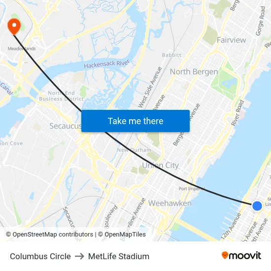 Columbus Circle to MetLife Stadium map