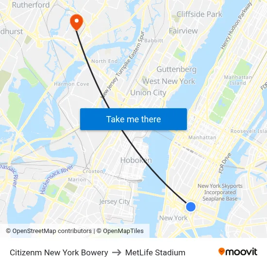 Citizenm New York Bowery to MetLife Stadium map