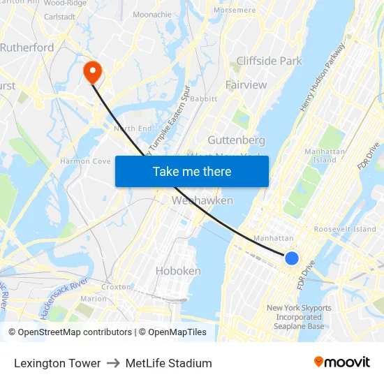 Lexington Tower to MetLife Stadium map